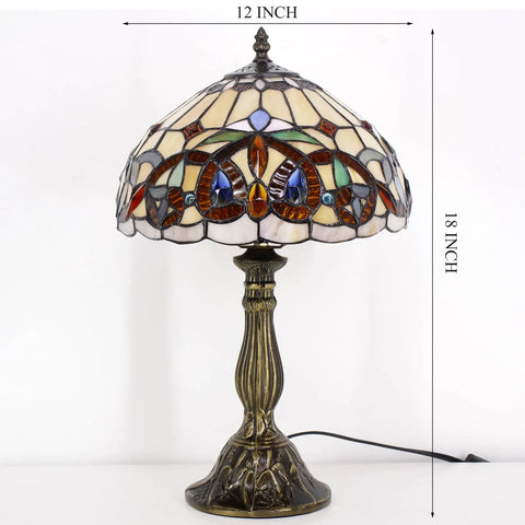 Tiffany Style Stained Glass Table Lamp With Vintage Victorian Vibe, 12 Inch Shade, 18 Inch Tall, Antique Green Bronze Base.