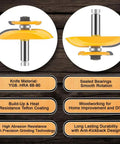 Three Piece Router Bit Set With Half Inch Shank For Round Over Cove And Raised Panel Cabinet Door Bits Rail And Stile Milling Pro Grade Carbide Micro Grain Blades For Woodworking displaying two yellow bits with specifications.
