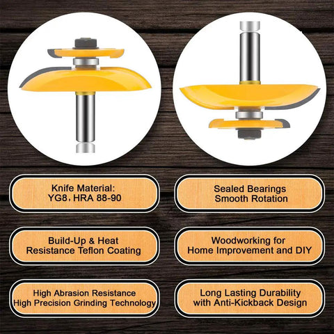Three Piece Router Bit Set With Half Inch Shank For Round Over Cove And Raised Panel Cabinet Door Bits Rail And Stile Milling Pro Grade Carbide Micro Grain Blades For Woodworking displaying two yellow bits with specifications.