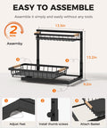 Height Adjustable Two Tier Under Sink Organizer Heavy Duty Storage Rack For Kitchen And Bathroom Cabinets shown with assembly instructions and dimensions.