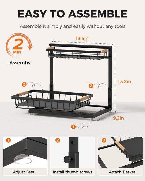 Height Adjustable Two Tier Under Sink Organizer Heavy Duty Storage Rack For Kitchen And Bathroom Cabinets shown with assembly instructions and dimensions.