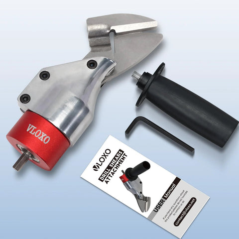 VlOXO metal shear drill attachment; angled view shows red base, black handle, includes hex key and manual.