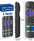 Three Pack Roku TV Remote Controls Replacement, Universal Compatibility With All Roku TV Brands, No Setup Required, Easy Pairing, Backup Remotes For Home Theater, Includes Three Remotes displayed with packaging and size dimensions