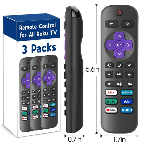 Three Pack Roku TV Remote Controls Replacement, Universal Compatibility With All Roku TV Brands, No Setup Required, Easy Pairing, Backup Remotes For Home Theater, Includes Three Remotes displayed with packaging and size dimensions
