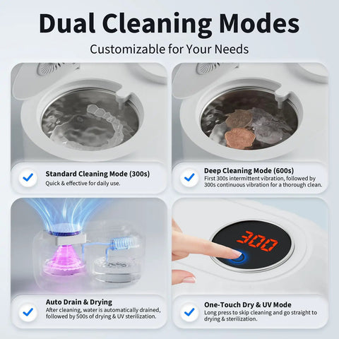 Automatic Denture Cleaner With Drain And Dry No Fuss, 45kHz Cleaning Machine for dentures and retainers, shown with dual modes