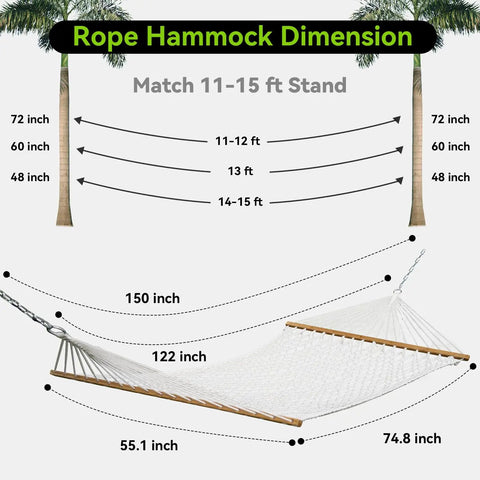 Diagram showing Double Handwoven Rope Hammock For Two With Spreader Bar No Stand Indoor Outdoor Use For Patio Poolside Backyard White
