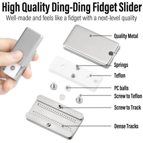 Heavy Hitter Stainless Steel Fidget Slider Featuring Dense Tracks And Slick Spring Action Built As A Next Level EDC Stress Reliever And Anxiety Focus Block For Everyday Tactical Flex Satisfaction components shown with metal body and inner parts.