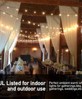 Dining area decorated with 102Ft Outdoor String Lights With 35 Dimmable S14 LED Bulbs Waterproof Shatterproof Patio Lighting