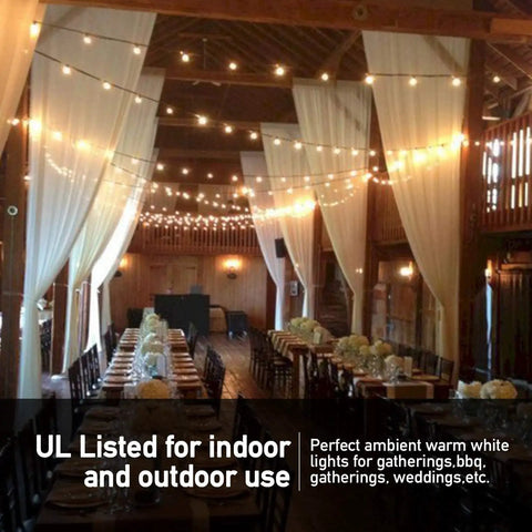 Dining area decorated with 102Ft Outdoor String Lights With 35 Dimmable S14 LED Bulbs Waterproof Shatterproof Patio Lighting