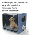 Foldable Pet Nebulizer Box for Dogs and Cats with Dual Holes showing a puppy inside, reinforced scratch-proof fabric design