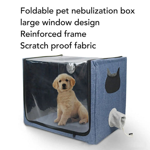 Foldable Pet Nebulizer Box for Dogs and Cats with Dual Holes showing a puppy inside, reinforced scratch-proof fabric design