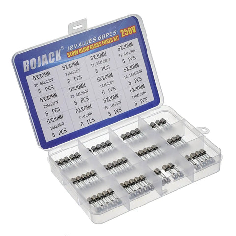 12 Value Slow Blow Glass Fuses Kit With 60 Pieces In Clear Plastic Storage Box 5x20mm 250V Assortment From 0.5A To 10A