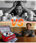Comparison of cluttered pill bottles and organized Red First Aid Bag Kit 12 By 9 By 7 Inches Grab And Go Portable Medical Emergency Organizer.