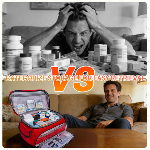Comparison of cluttered pill bottles and organized Red First Aid Bag Kit 12 By 9 By 7 Inches Grab And Go Portable Medical Emergency Organizer.