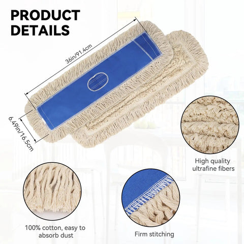 Top Notch 36 Inch Microfiber Dust Mop Head Replacement For Heavy Duty Commercial Floor Cleaning And Janitorial Supplies Blue Three Pack Refills showing detailed measurements and materials.