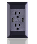 Heavy Duty Black USB Wall Outlets 4 In 1 Receptacles With Dual 2A 5V Charging Ports, front view with 2 charging ports.