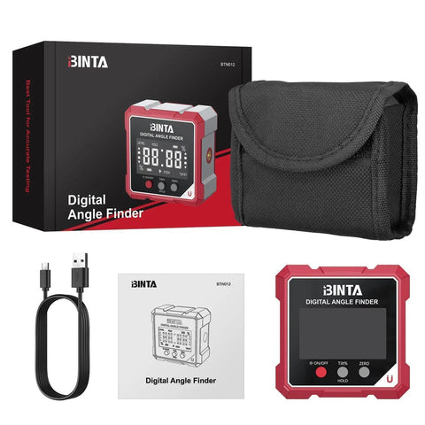 4-Side Magnetic Digital Angle Finder With Laser Helping Pros And DIYers Nail Tricky Angles With Blazing Speed with USB cable, manual, and case.