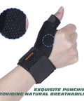 Copper Ions Compression Thumb And Wrist Stabilizer Splint for Hand Pain Relief showing breathable fabric on hand.