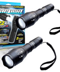 Two TacLight Bright LED Flashlight With Zoom And Five Modes 100000 Hour Bulb Water Resistant Tough As Nails Mini Torch shown with packaging.