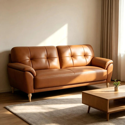 Leather sofa with 6 Inch Wooden Furniture Legs Bun Feet Set Of 4 With M8 Bolt Recessed Mounting, viewing from side angle