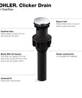Heavy Duty Universal Clicker Drain With Overflow Polished Chrome Bathroom Sink Fixture with plastic construction and easy press design.