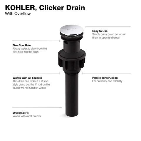 Heavy Duty Universal Clicker Drain With Overflow Polished Chrome Bathroom Sink Fixture with plastic construction and easy press design.
