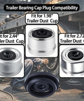 Chrome trailer hub dust cap plugs for 1.98in, 2.44in, 2.72in axles; rubber grease plugs; 4 pcs