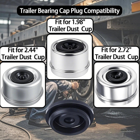 Chrome trailer hub dust cap plugs for 1.98in, 2.44in, 2.72in axles; rubber grease plugs; 4 pcs