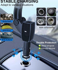 No Sweat Dual Usb Car Phone Mount That Slides Right Into Your Cigarette Lighter Socket For Easy Navigation And Fast Device Charging On Weekend Rides, highlighting charging ports and stability features.