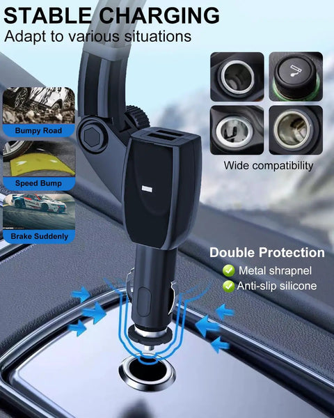 No Sweat Dual Usb Car Phone Mount That Slides Right Into Your Cigarette Lighter Socket For Easy Navigation And Fast Device Charging On Weekend Rides, highlighting charging ports and stability features.