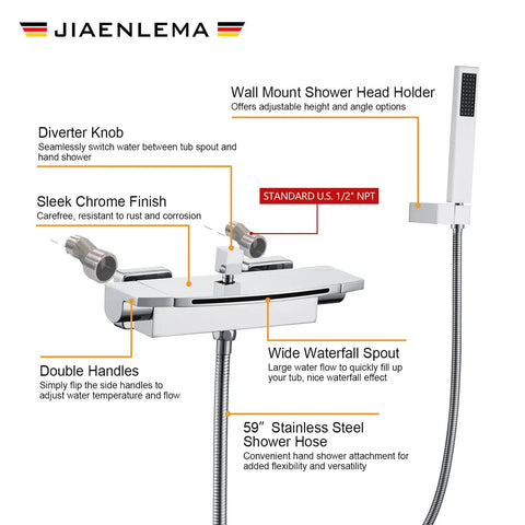Wall Mount Tub Faucet Chrome Waterfall Dope Style With Sprayer and Hand Shower Brass Tub Filler With 2 Handles Lead Free Brass Wall Mounted Bath Faucet Easy Install Half Inch NPT with diagram