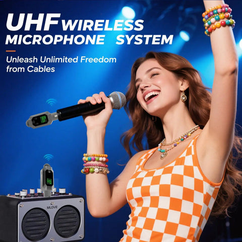 Smiling woman using Wireless XLR Transmitter and Receiver Kit for Condenser and Dynamic Mics UHF Wireless System live performance