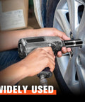 Heavy Duty 1/2 Inch Drive 24Mm Deep Impact Socket 6 Point Chrome Vanadium Steel in use with an impact wrench on a car wheel.