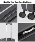 Close-up of Underseat Carry On Luggage 17x14x9 With PC Hard Shell And Aluminum Frame, wheels, zipper, handle details in rock gray