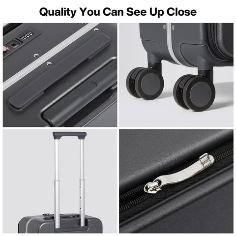 Close-up of Underseat Carry On Luggage 17x14x9 With PC Hard Shell And Aluminum Frame, wheels, zipper, handle details in rock gray