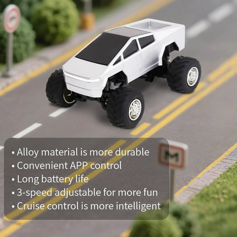 Mini 1:64 Scale Monster RC Truck with Lights, silver alloy shell, shown on road, highlighting features and compact design.