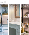 Modern kitchen, bathroom, and hobby room setups with bright lighting and organized shelves highlighting Reveal HD bulbs.