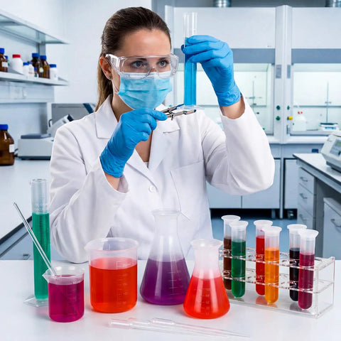Scientist using Ultimate 22 Piece Plastic Labware Set For DIY Home Science with beaker and test tube in lab