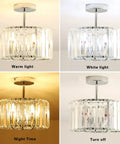 Industrial Chrome Crystal Drum Ceiling Light Three Light Fixture with warm and white light settings, 13 inch round