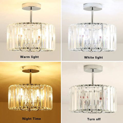 Industrial Chrome Crystal Drum Ceiling Light Three Light Fixture with warm and white light settings, 13 inch round