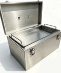 Heavy Duty Stainless Steel Rolling Toolkit With Removable Tray For Home Garage Auto Shop Gear And Power Tools Built Hella Tough And Slick Portable Storage Cabinet with open lid showing inner tray.