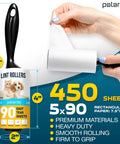 Pet Hair Lint Roller Set For Couch Clothes Furniture And Carpet With Sticky Peel Sheets Easy To Use And Removable Quickly Remove Dog Hair Cat Hair Animal Fur And Fuzz From Upholstery And Garments Includes 5 Large Rollers For Delicate Surfaces shown with dimensions and features.