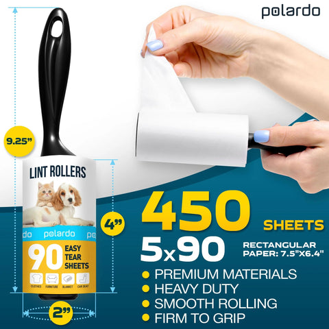 Pet Hair Lint Roller Set For Couch Clothes Furniture And Carpet With Sticky Peel Sheets Easy To Use And Removable Quickly Remove Dog Hair Cat Hair Animal Fur And Fuzz From Upholstery And Garments Includes 5 Large Rollers For Delicate Surfaces shown with dimensions and features.