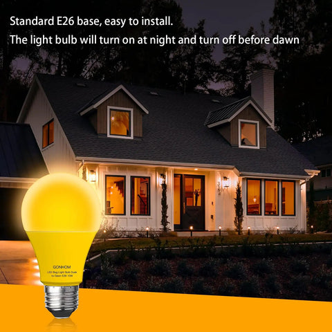 Front porch lit by Amber Dusk To Dawn Outdoor Bug Light Bulbs 2 Pack Auto On Off E26 Base 10W 100W Equivalent Amber Glow