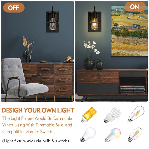 Modern Farmhouse Wall Light Fixture Wall Sconce In Wood And Matte Black Finish for Bathrooms shown with light on and off