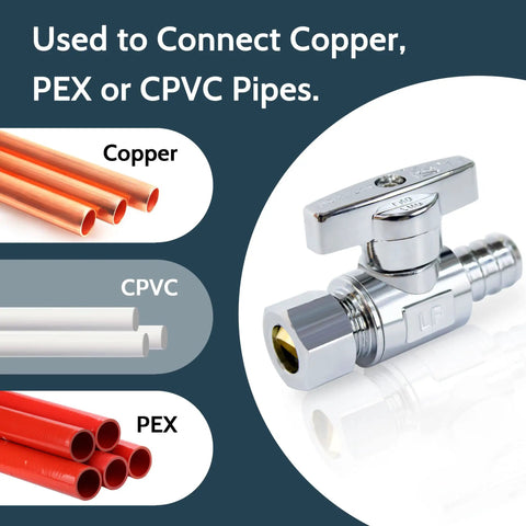 10 Pack One Half Inch PEX To Three Eighths Inch OD Compression Shut Off Valves With Stainless Steel Clamps and Rings Premium