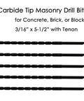 Premium 5 Pack 3/16 X 5 1/2 Inch Tapcon Screw Drill Bits featuring sharp carbide tips and tenon shanks for impact drilling concrete brick masonry.