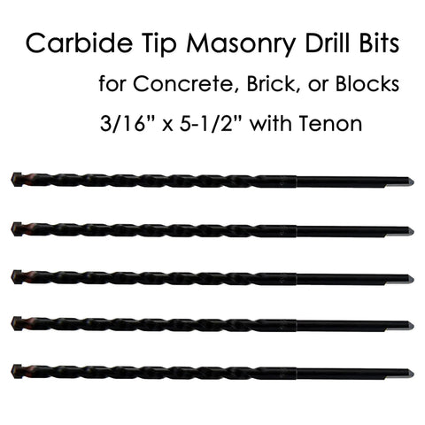 Premium 5 Pack 3/16 X 5 1/2 Inch Tapcon Screw Drill Bits featuring sharp carbide tips and tenon shanks for impact drilling concrete brick masonry.