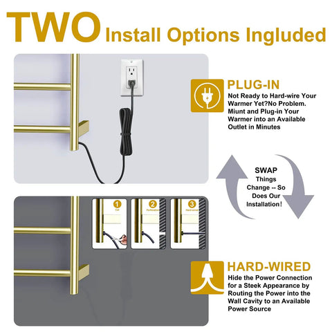 Two installation options for 4 Bar Brushed Gold Heated Towel Warmer, plug-in and hardwired, with LED timer and adjustable heat.