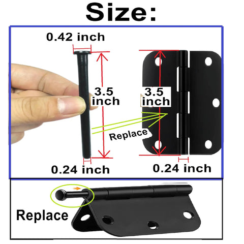 Top Shelf 3.5 Inch Interior Door Hinge Pins Slick Black Oil Rubbed Bronze Replacement Screws Six Pack shown with size details.